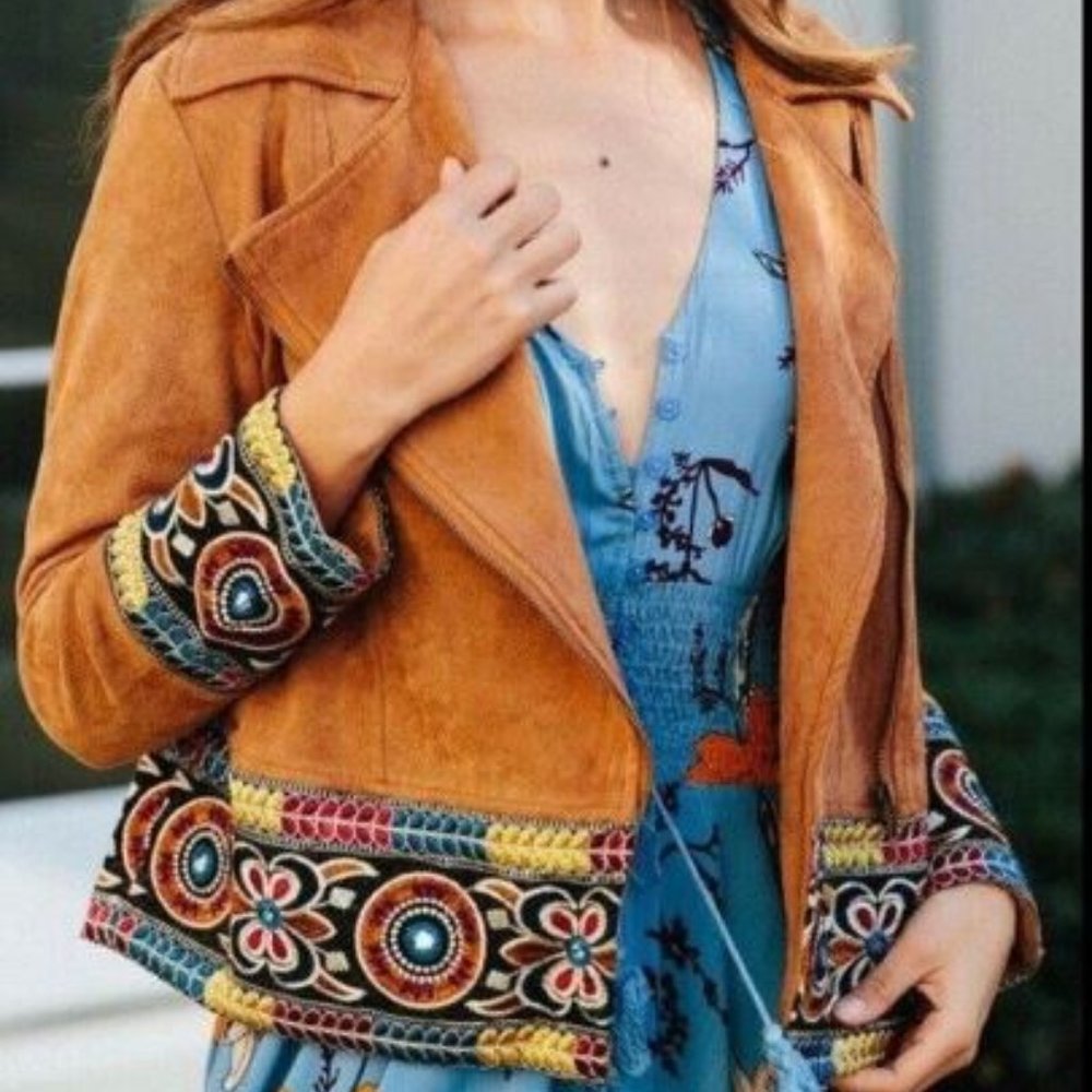 Jaase Australia Outback Western Boho Embroidered Faux Suede Jacket